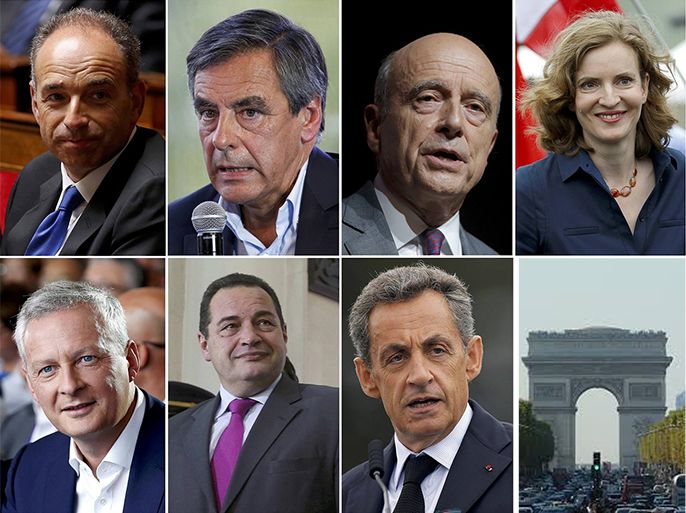A combination picture shows portraits of French politicians, top row, L-R, Jean-Francois Cope, Francois Fillon, Alain Juppe, Nathalie Kosciusko-Morizet, bottom row, L-R, Bruno Le Maire, Jean-Frederic Poisson and Nicolas Sarkozy, after the announcement of the official list of Les Republicains candidates for the French conservative presidential primary, in Paris France, September 21, 2016. REUTERS/Staff