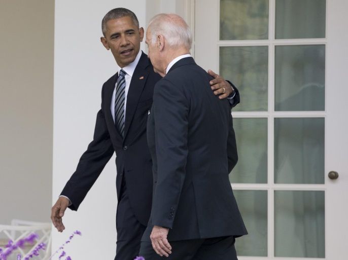 US President Barack Obama (L) walks down the Colonnade with US Vice President Joe Biden (R) after delivering remarks on the victory of President-elect Republican Donald Trump in the 2016 election, in the Rose Garden of the White House in Washington, DC, USA, 09 November 2016. Obama encouraged Americans to unite and work for change despite Trump's victory.