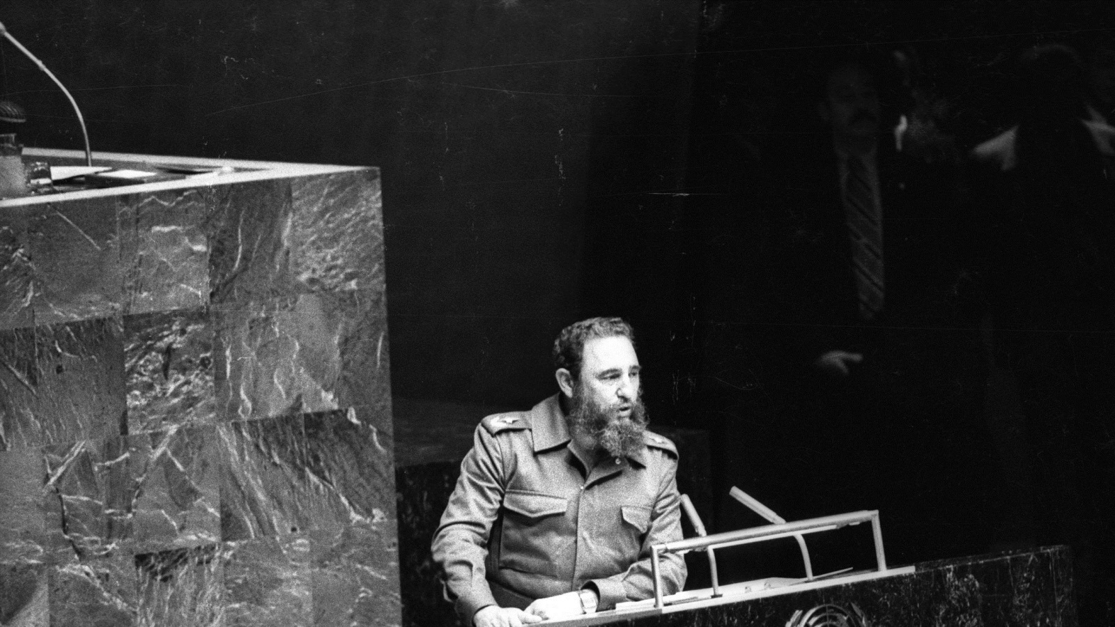 Then Cuban President Fidel Castro addresses the audience as president of the Non-Aligned Movement at the United Nations in New York, in this October 12, 1979 file photo. REUTERS/Prensa Latina/File Photo