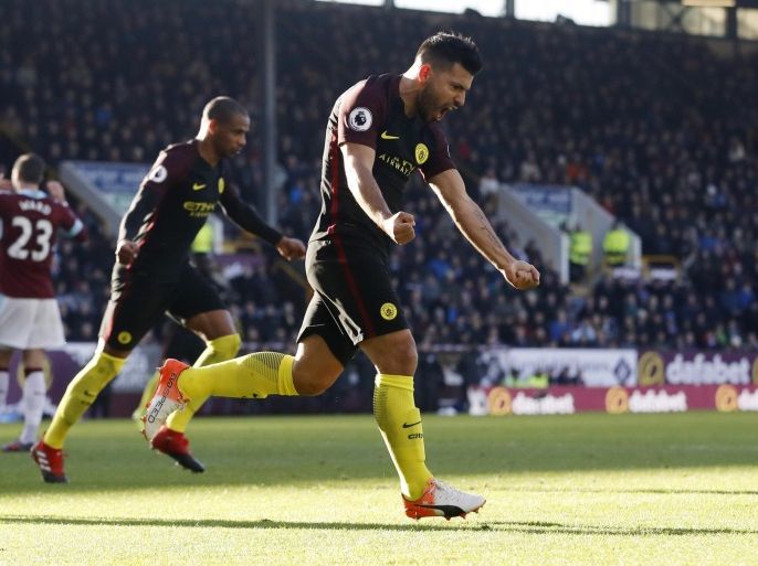 Football Soccer Britain - Burnley v Manchester City - Premier League - Turf Moor - 26/11/16 Manchester City's Sergio Aguero celebrates scoring their first goal Action Images via Reuters / Carl Recine Livepic EDITORIAL USE ONLY. No use with unauthorized audio, video, data, fixture lists, club/league logos or "live" services. Online in-match use limited to 45 images, no video emulation. No use in betting, games or single club/league/player publications. Please contact your account representative for further details.
