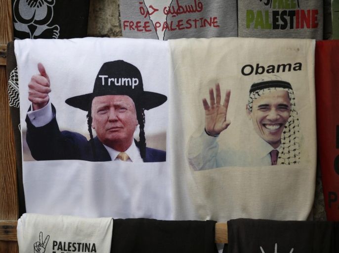 A picture of US President Barack Obama in Arab dress and President-elect Donald Trump in Jewish dress, displayed at a T-shirt store in the Old City of Jerusalem, Israel, 13 November 2016. Americans voted the republican party candidate Donald Trump on 08 November, to become the 45th President of the United States of America to serve from 2017 through 2020.