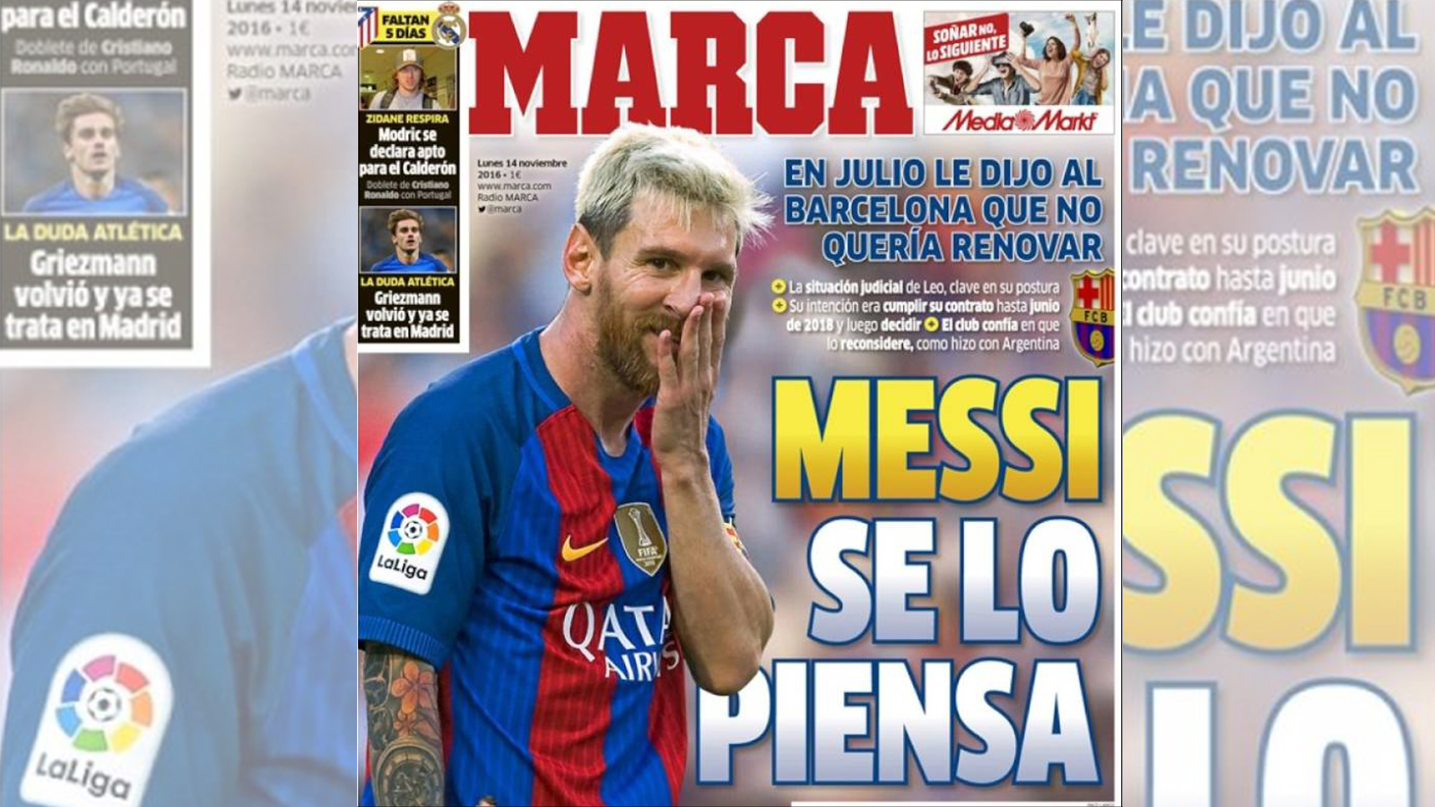 ‪‬ خبر عدم تجديد ميسي لعقده مع برشلونة تصدر غلاف صحيفة ماركا اليوم(الصحافة الإسبانية)