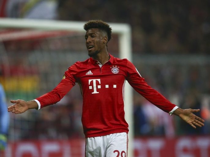 Football Soccer - Bayern Munich v FC Augsburg - German Cup (DFB Pokal) - Allianz Arena, Munich, Germany - 26/10/16 - Bayern's Kingsley Coman reacts. REUTERS/Michael Dalder DFB RULES PROHIBIT USE IN MMS SERVICES VIA HANDHELD DEVICES UNTIL TWO HOURS AFTER A MATCH AND ANY USAGE ON INTERNET OR ONLINE MEDIA SIMULATING VIDEO FOOTAGE DURING THE MATCH.