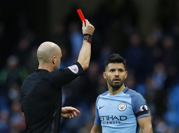 Britain Football Soccer - Manchester City v Chelsea - Premier League - Etihad Stadium - 3/12/16 Manchester City's Sergio Aguero is shown a red card by referee Anthony Taylor Reuters / Phil Noble Livepic EDITORIAL USE ONLY. No use with unauthorized audio, video, data, fixture lists, club/league logos or "live" services. Online in-match use limited to 45 images, no video emulation. No use in betting, games or single club/league/player publications. Please contact your account representative for further details.