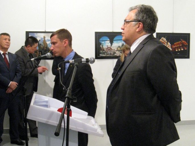 Russian Ambassador to Turkey Andrei Karlov makes a speech at an art gallery shortly before he was shot in Ankara, Turkey, December 19, 2016. REUTERS/Ugur Kavas EDITORIAL USE ONLY. NO RESALES. NO ARCHIVE.