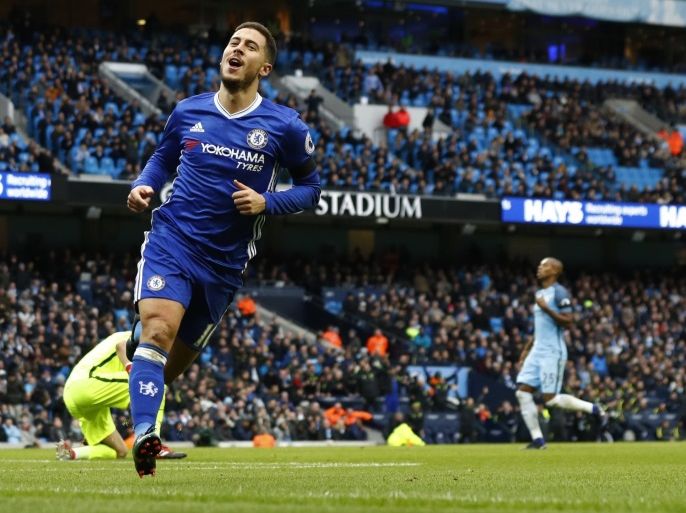 Britain Football Soccer - Manchester City v Chelsea - Premier League - Etihad Stadium - 3/12/16 Chelsea's Eden Hazard celebrates scoring their third goal Action Images via Reuters / Jason Cairnduff Livepic EDITORIAL USE ONLY. No use with unauthorized audio, video, data, fixture lists, club/league logos or "live" services. Online in-match use limited to 45 images, no video emulation. No use in betting, games or single club/league/player publications. Please contact you
