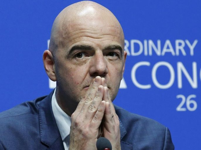 Newly elected FIFA President Gianni Infantino attends a news conference during the Extraordinary FIFA Congress in Zurich, Switzerland February 26, 2016. Swiss football executive Gianni Infantino vowed on Friday to lead FIFA, the sport's world governing body, out of years of corruption and scandal after being elected president to succeed Sepp Blatter. REUTERS/Ruben Sprich