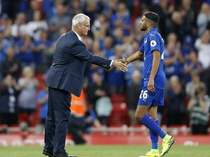 Britain Soccer Football - Liverpool v Leicester City - Premier League - Anfield - 10/9/16 Leicester City manager Claudio Ranieri with Leicester City's Riyad Mahrez Reuters / Darren Staples Livepic EDITORIAL USE ONLY. No use with unauthorized audio, video, data, fixture lists, club/league logos or "live" services. Online in-match use limited to 45 images, no video emulation. No use in betting, games or single club/league/player publications. Please contact your account representative for further details.