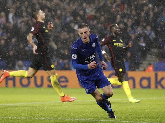 Football Soccer Britain - Leicester City v Manchester City - Premier League - King Power Stadium - 10/12/16 Leicester City's Jamie Vardy celebrates scoring their third goal Reuters / Darren Staples Livepic EDITORIAL USE ONLY. No use with unauthorized audio, video, data, fixture lists, club/league logos or "live" services. Online in-match use limited to 45 images, no video emulation. No use in betting, games or single club/league/player publications. Please contact your account representative for further details.