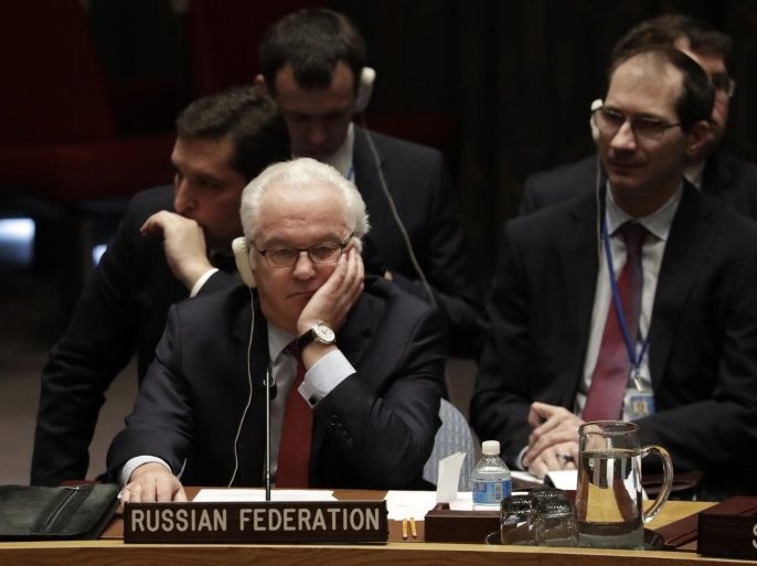 Russian ambassador to UN, Vitaly Churkin (L) listen to addresses by United Nations (UN) Security Council members during a vote on a ceasefire in Syria at UN headquarters in New York, New York, USA, 31 December 2016. The UN endorsed the ceasefire agreement in Syria submitted by Russia and brokered with Turkey.