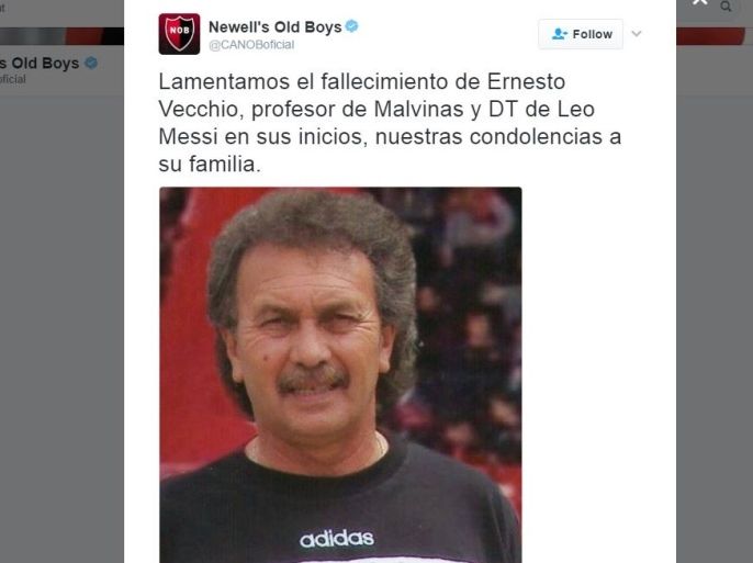 تغريدة نادي نيولز أولد بوي الأرجنتيني التي تعلن وفاة المدرب إرنستو فيتشيو