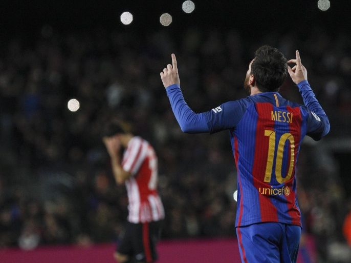 FC Barcelona's Argentinian striker Leo Messi jubilates his 3-1 goal against Athletic Bilbao during the King's Cup round of 16 second leg match at Camp Nou stadium in Barcelona, Catalonia, Spain, 11 January 2017.