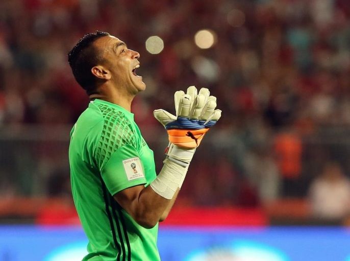 Egyptian player Essam El Hadary celebrates during the 2018 FIFA World Cup qualifying soccer match between Egypt and Ghana at Borg Al Arab Stadium in Alexandria, Egypt, 13 November 2016.