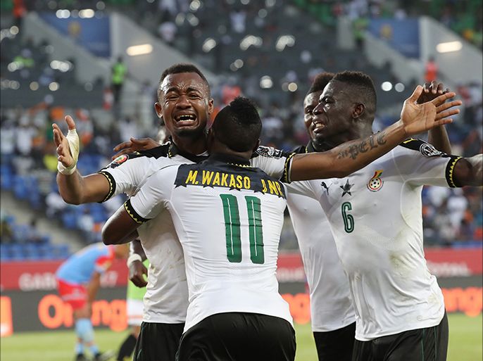 epa05760060 Jordan Ayew of Ghana (l) celebrates a goal during the 2017 African Cup of Nations quarterfinal match between DR Congo and Ghana at the Oyem Stadium in Gabon on 29 January 2017. EPA/Gavin Barker