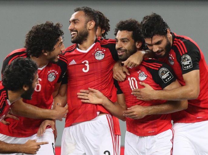 Mohamed Salah of Egypt (10) celebrates a goal with teammates during the 2017 Africa Cup of Nations match between Egypt and Ghana at the Port Gentil Stadium in Gabon on 25 January 2017.