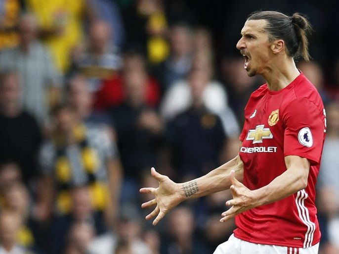 Britain Football Soccer - Watford v Manchester United - Premier League - Vicarage Road - 18/9/16 Manchester United's Zlatan Ibrahimovic reacts Action Images via Reuters / Andrew Couldridge Livepic EDITORIAL USE ONLY. No use with unauthorized audio, video, data, fixture lists, club/league logos or "live" services. Online in-match use limited to 45 images, no video emulation. No use in betting, games or single club/league/player publications. Please contact your account representative for further details.
