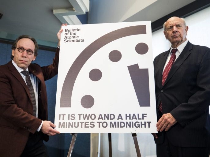 Theoretical physicist Lawrence Krauss (L) and former US Ambassador to the United Nations Thomas Pickering (R) announce The Bulletin of Atomic Scientist's decision to move the so-called 'Doomsday Clock' to two and a half minutes to midnight at the National Press Club in Washington, DC, USA, 26 January 2017. Founded by scientists who worked on the Manhattan Project, the Bulletin of Atomic Scientists designed the clock to 'convey how close we are to destroying civiliza