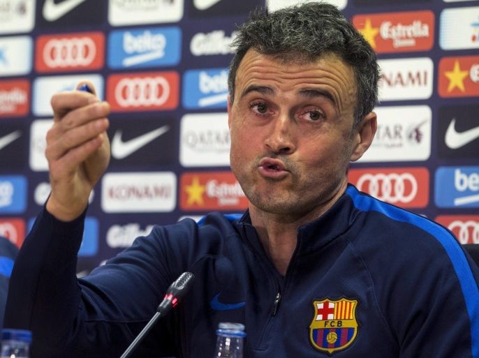 Head coach of Barcelona FC, Luis Enrique, gives a press conference at the end of a training session at the Joan Gamper sport facilities in Barcelona, northeastern Spain, 28 January 2017. FC Barcelona will face Real Betis in a Spanish Primera Division League soccer match on 29 January.