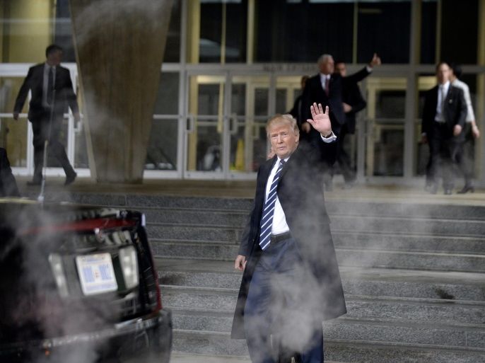 US President Donald J. Trump leaves the CIA headquarters after speaking to 300 people, in Langley, Virginia, USA, 21 January 2017.