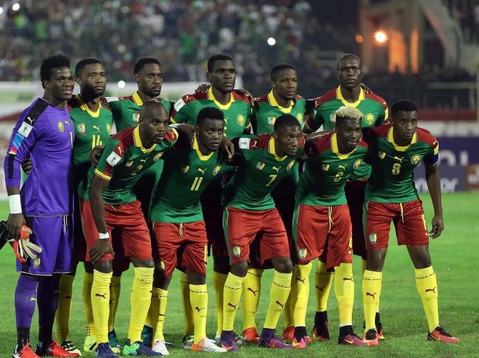 Cameroonian national soccer team players line up before the FIFA World Cup 2018 qualifying soccer match between Algeria and Cameroon at the Mustapha Tchaker Stadium in Blida south of Algiers, Algeria, 09 October 2016.