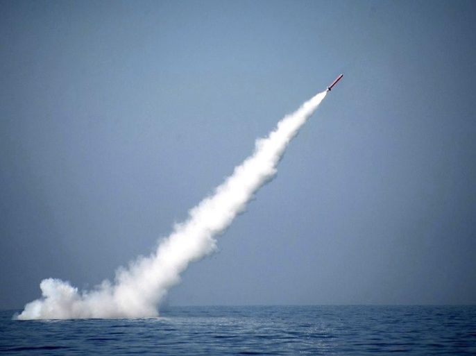 A handout photo made available by the Pakistani Inter Services Public Relations (ISPR) shows a Submarine Launched Cruise Missile (SLCM) Babur-3 having a range of 450 kilometers, from an undisclosed location in the Indian Ocean. Babur-3 is a sea-based variant of Ground Launched Cruise Missile (GLCM) Babur-2, which was successfully tested earlier in December 2016. EPA/ISPR HANDOUT