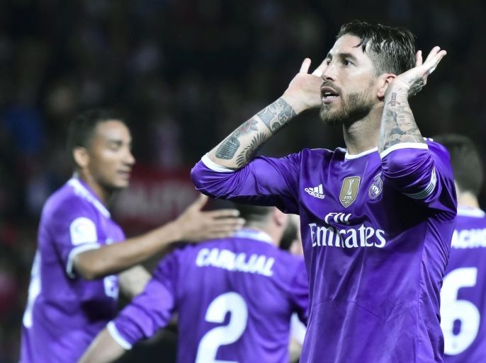 Real Madrid's defender Sergio Ramos celebrates after scoring the second goal against Sevilla during their 16th round of King's Cup second leg match played at Ramon Sanchez Pizjuan's stadium in Seville, Andalusia, Spain, on 12 January 2017.