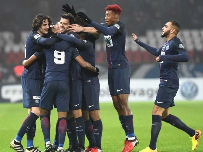 Christopher Nkunku (9) of Paris Saint Germain celebrates his goal with his teammates during the Coupe de France, French Cup, match between Paris Saint-Germain (PSG) and SC Bastia at the Parc des Princes stadium in Paris, France, 07 January 2017.