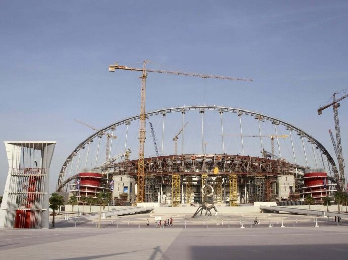 A view of the construction work at the Khalifa International Stadium in Doha, Qatar, March 26, 2016. Workers in Qatar renovating a 2022 World Cup stadium have suffered human rights abuses two years after the tournament's organisers drafted worker welfare standards in the wake of criticism, Amnesty International said. REUTERS/Naseem Zeitoon