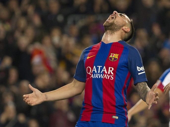 FC Barcelona's forward Paco Alcacer celebrates after scoring the fifth goal against Hercules during the 32nd King's Cup secong leg match played at Camp Nou stadium in Barcelona, Catalonia, Spain, on 21 December 2016. Barça won 7-0.