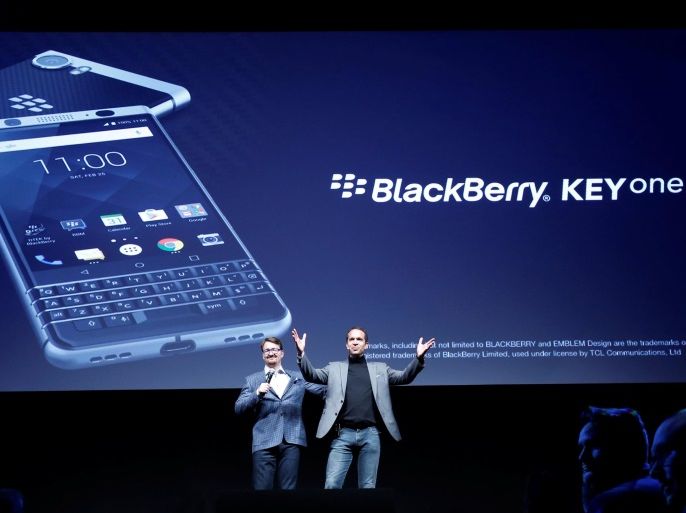TCL Communication's CEO Nicolas Zibell and Kevin Michaluk present the new BlackBerry Key One before the Mobile World Congress in Barcelona, Spain February 25, 2017. REUTERS/Albert Gea