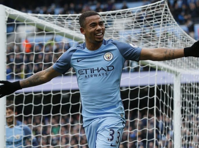 Britain Soccer Football - Manchester City v Swansea City - Premier League - Etihad Stadium - 5/2/17 Manchester City's Gabriel Jesus celebrates scoring their first goal Reuters / Andrew Yates Livepic EDITORIAL USE ONLY. No use with unauthorized audio, video, data, fixture lists, club/league logos or "live" services. Online in-match use limited to 45 images, no video emulation. No use in betting, games or single club/league/player publications. Please contact your account representative for further details.