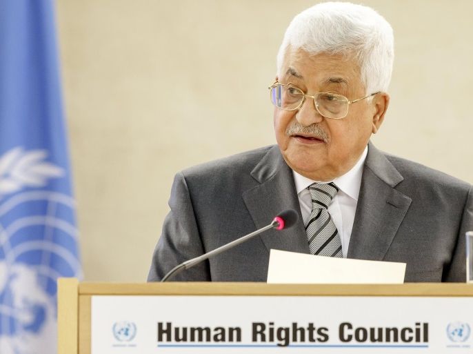 Palestinian President Mahmoud Abbas gives his statement, during the High-Level Segment of the 34th session of the Human Rights Council, at the European headquarters of the United Nations in Geneva, Switzerland, Monday, February 27, 2017.