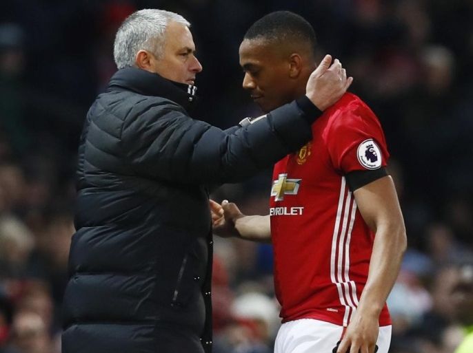 Britain Soccer Football - Manchester United v Watford - Premier League - Old Trafford - 11/2/17 Manchester United's Anthony Martial is congratulated by manager Jose Mourinho as he is substituted Action Images via Reuters / Jason Cairnduff Livepic EDITORIAL USE ONLY. No use with unauthorized audio, video, data, fixture lists, club/league logos or "live" services. Online in-match use limited to 45 images, no video emulation. No use in betting, games or single club/league/player publications. Please contact your account representative for further details.