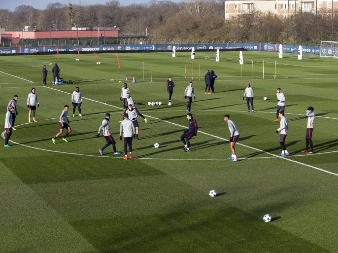 Paris Saint Germain players attend a training session at the Camp des Loges sports complex near Paris, France, 13 February 2017. Paris Saint Germain will play the UEFA Champions League Round of 16 first leg match against FC Barcelona in Paris on 14 February.
