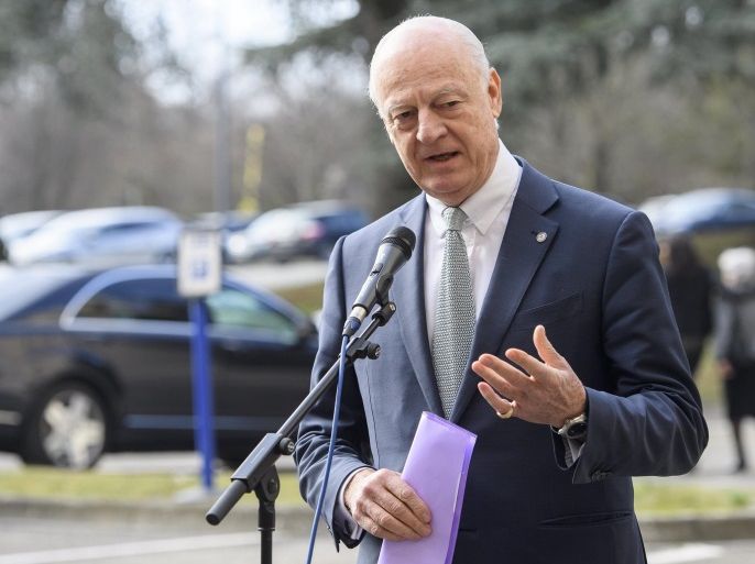 UN Special Envoy of the Secretary-General for Syria Staffan de Mistura informs the media during a round of Syria peace talks, at the European headquarters of the United Nations in Geneva, Switzerland, 23 February 2017. Syria's government and the armed opposition were due to meet at the UN's Geneva headquarters on 23 February to begin roundtable discussions mediated by UN Syria envoy Staffan de Mistura.
