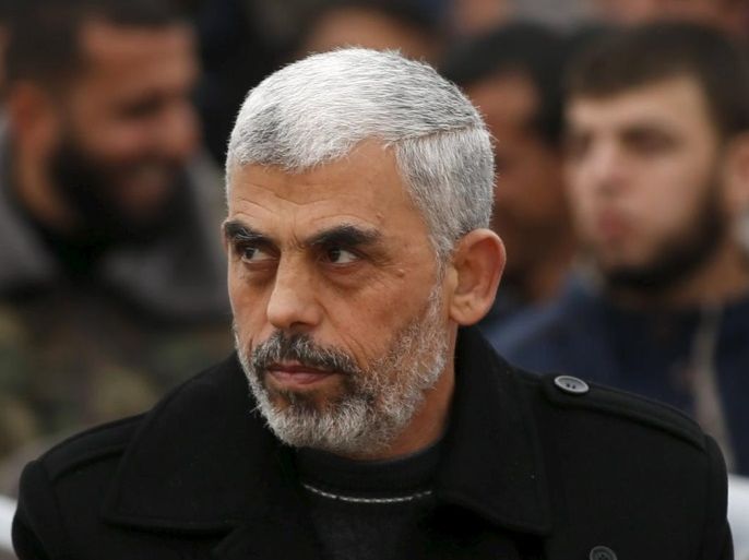 Hamas leader Yehia Sinwar attends a rally in Khan Younis in the southern Gaza Strip January 7, 2016. The rally, organized by Hamas movement, was held to honor the families of dead Hamas militants, who Hamas's armed wing said participated in imprisoning Israeli soldier Gilad Shalit, organizers said. Shalt was abducted by militants in a cross-border raid in 2006, and was released in exchange for more than 1,000 Palestinians held in Israeli jails. REUTERS/Mohammed Salem
