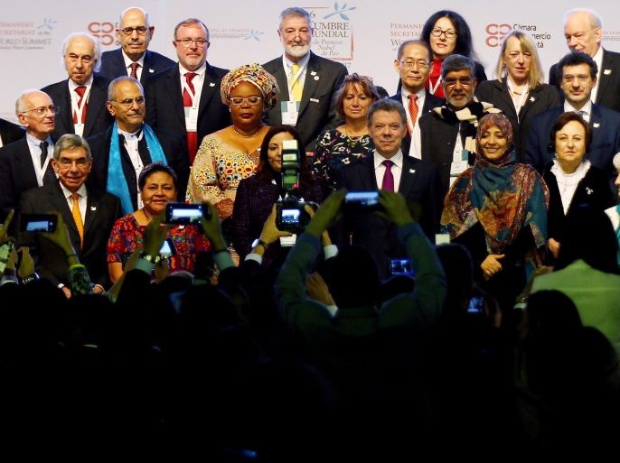 A general view of the stage during the opening of the of the 16th World Summit of Nobel Peace Laureates in Bogota, Colombia, 02 January 2017.