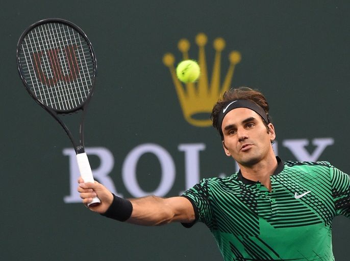 Mar 15, 2017; Indian Wells, CA, USA; Roger Federer (SUI) as he defeated Rafael Nadal in their fourth round match in the BNP Paribas Open at the Indian Wells Tennis Garden. Federer won 6-2, 6-3. Mandatory Credit: Jayne Kamin-Oncea-USA TODAY Sports