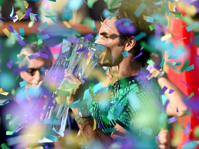 Mar 19, 2017; Indian Wells, CA, USA; Roger Federer (SUI) celebrates after he defeated Stan Wawrinka (not pictured) 7-6, 6-4 in the men's final in the BNP Paribas Open at the Indian Wells Tennis Garden. Mandatory Credit: Jayne Kamin-Oncea-USA TODAY Sports