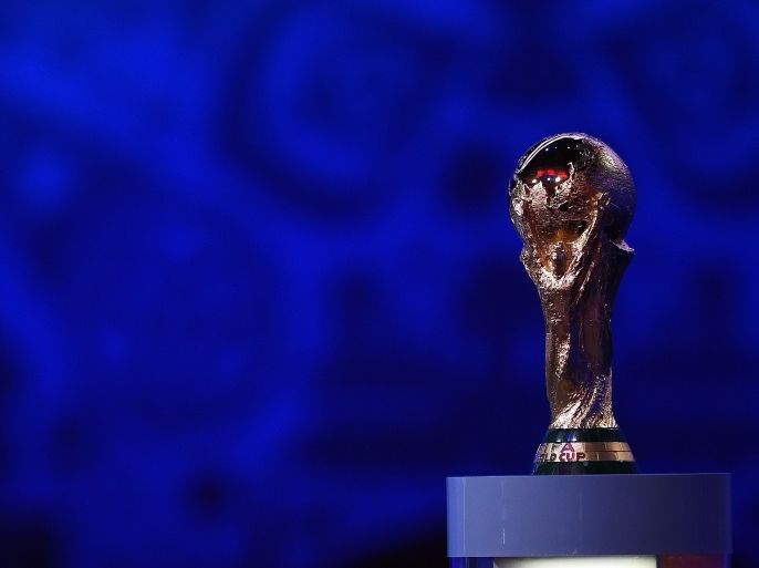 SAINT PETERSBURG, RUSSIA - JULY 25: The FIFA World Cup trophy is displayed the Preliminary Draw of the 2018 FIFA World Cup in Russia at The Konstantin Palace on July 25, 2015 in Saint Petersburg, Russia. (Photo by Dennis Grombkowski/Getty Images)