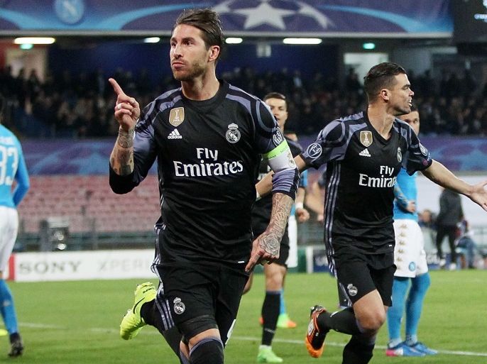 NAPLES, ITALY - MARCH 07: Sergio Ramos of Real Madrid celebrates after scoring goal 1-1 during the UEFA Champions League Round of 16 second leg match between SSC Napoli and Real Madrid CF at Stadio San Paolo on March 7, 2017 in Naples, Italy. (Photo by Francesco Pecoraro/Getty Images)