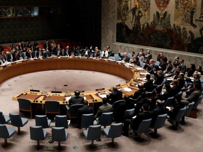 The United Nations Security Council votes on a resolution to ban the supply of helicopters to the Syrian government and to blacklist Syrian military commanders over accusations of toxic gas attacks at U.N. headquarters in New York City, U.S., February 28, 2017. REUTERS/Mike Segar