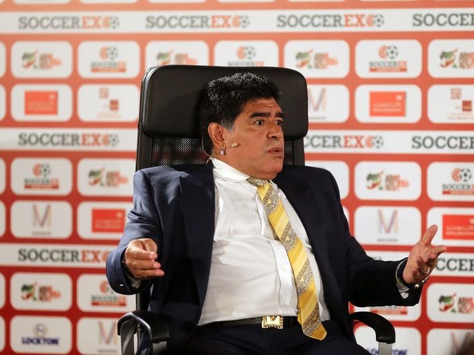 DEAD SEA, JORDAN- MAY 4: Football legend Diego Armando Maradona shares his experience during the session' El Diego: An Interview With Diego Maradona' on the second day of Soccerex convention, the world's largest football business event in Jordan bringing together global leaders in the business of football to debate network and do business on May 4, 2015 at the King Hussein convention centre, Dead Sea, Jordan. (Photo by Salah Malkawi/Getty Images for Soccerex)