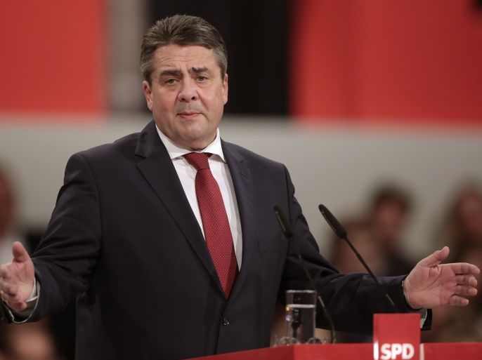 Outgoing Social Democratic Party (SPD) leader Sigmar Gabriel addresses an SPD party convention in Berlin, Germany, March 19, 2017. REUTERS/Axel Schmidt