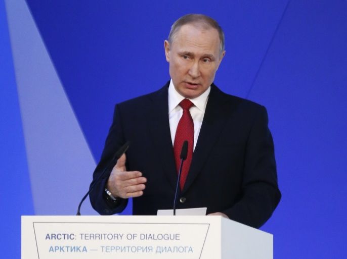 Russian President Vladimir Putin delivers a speech at a session of the International Arctic Forum in Arkhangelsk, Russia March 30, 2017. REUTERS/Sergei Karpukhin