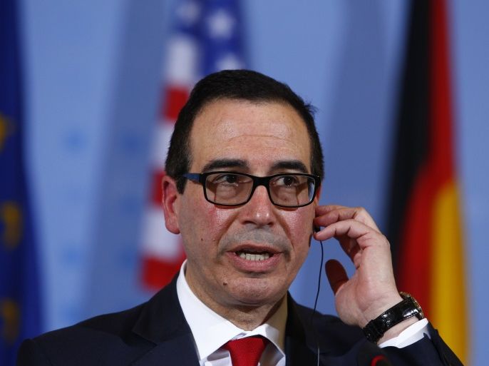 BERLIN, GERMANY - MARCH 16: new U.S. Treasury Secretary Steven Mnuchin speaks to the media following talks at the germans Ministry of Finance on March 16, 2017 in Berlin, Germany. The two men are meeting ahead of the meeting of finance ministers of the G20 group of nations tomorrow in Baden-Baden. (Photo by Michele Tantussi/Getty Images)