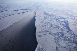 IN FLIGHT, GREENLAND - MARCH 30:  Sea ice is seen from NASA's Operation IceBridge research aircraft off the northwest coast on March 30, 2017 above Greenland. NASA's Operation IceBridge has been studying how polar ice has evolved over the past nine years and is currently flying a set of eight-hour research flights over ice sheets and the Arctic Ocean to monitor Arctic ice loss aboard a retrofitted 1966 Lockheed P-3 aircraft. According to NASA scientists and the Nation