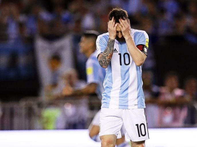 epa05875531 (FILE) Argentina's Lionel Messi reacts during the FIFA World Cup 2018 qualifying soccer match between Argentina and Chile in Buenos Aires, Argentina, 23 March 2017, (reissued 28 March 2017). Argentinian striker Lionel Messi has been banned for four international soccer matches for 'insulting' an assistant referee during the qualifier against Chile, the FIFA confirmed on 28 March 2017. EPA/DAVID FERNANDEZ