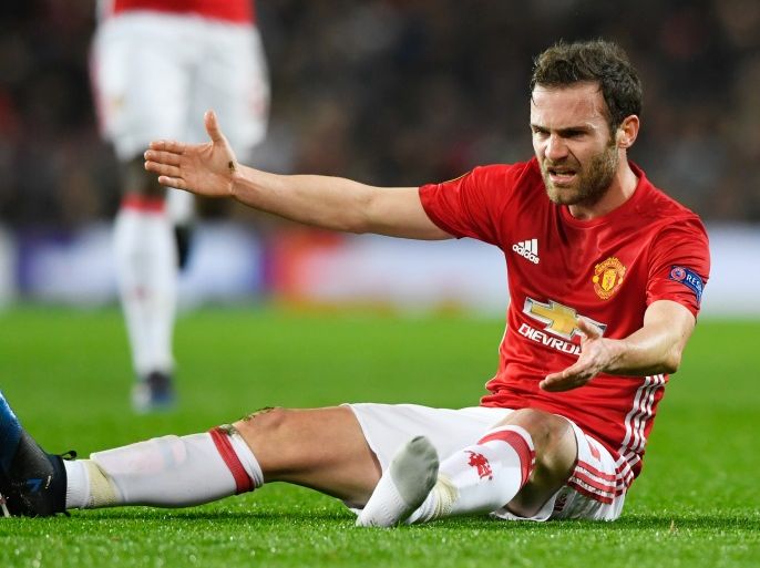 MANCHESTER, ENGLAND - MARCH 16: Juan Mata of Manchester United reacts after being fouled during the UEFA Europa League Round of 16, second leg match between Manchester United and FK Rostov at Old Trafford on March 16, 2017 in Manchester, United Kingdom. (Photo by Stu Forster/Getty Images)
