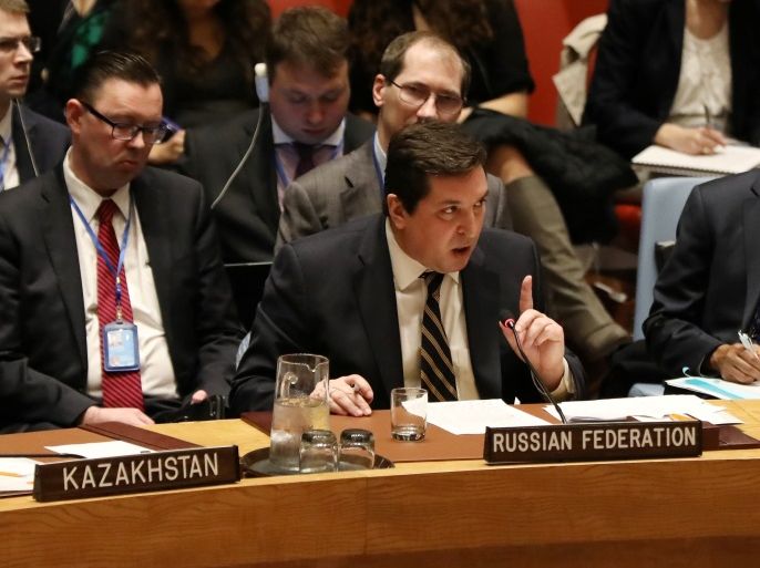 Russian Deputy Ambassador to the United Nations Vladimir Safronkov speaks during a meeting at the United Nations Security Council on Syria at the United Nations Headquarters in New York City, NY, U.S. April 5, 2017. REUTERS/Shannon Stapleton